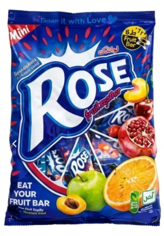 لواشک پذیرایی ممتاز ROSE طرح رانی ، لواشک لایه ای با طعم طبیعی میوه باطعم های هلو زردآلو ،پرتقال،انار و آلبالو