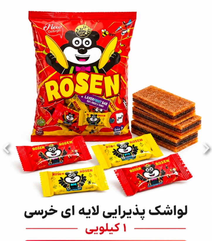 لواشک پذیرایی ممتاز ROSEN طرح خرسی ، لواشک لایه ای با طعم طبیعی میوه ، ترکیبی از طعم های هلو زردآلو ،پرتقال،انار و آلبالو